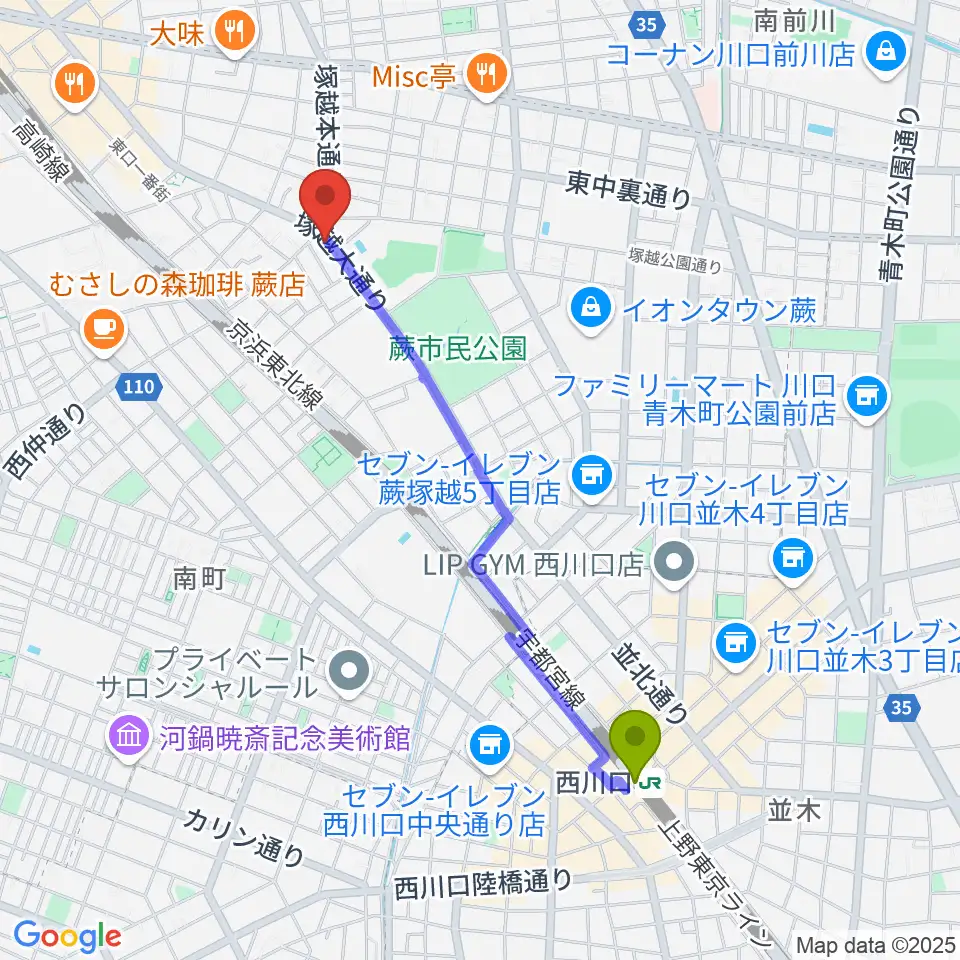西川口駅から天沢バイオリン工房へのルートマップ地図