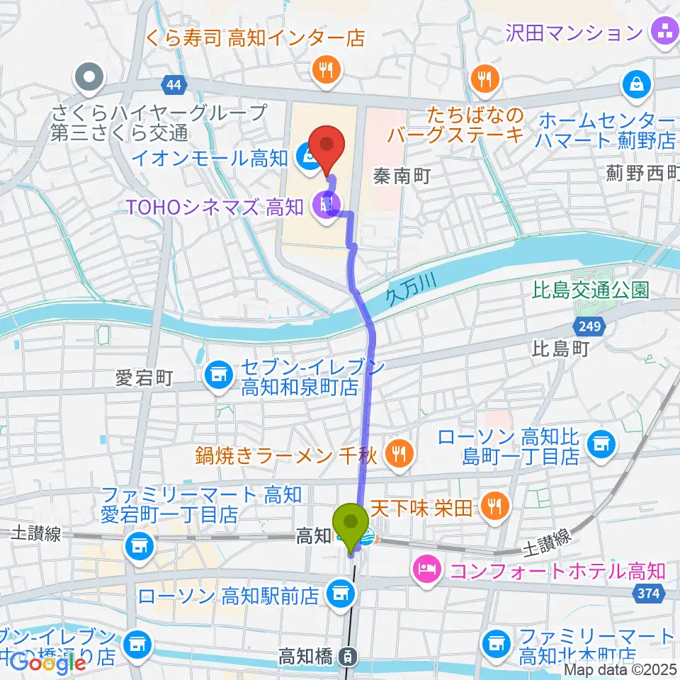 HMVイオンモール高知の最寄駅高知駅からの徒歩ルート（約18分）地図