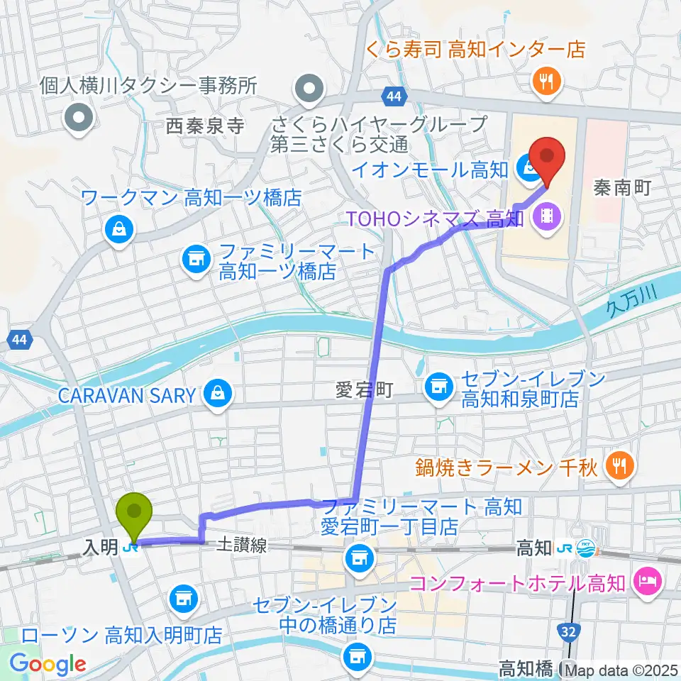 入明駅からHMVイオンモール高知へのルートマップ地図