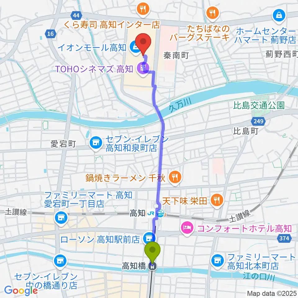 高知橋駅からHMVイオンモール高知へのルートマップ地図