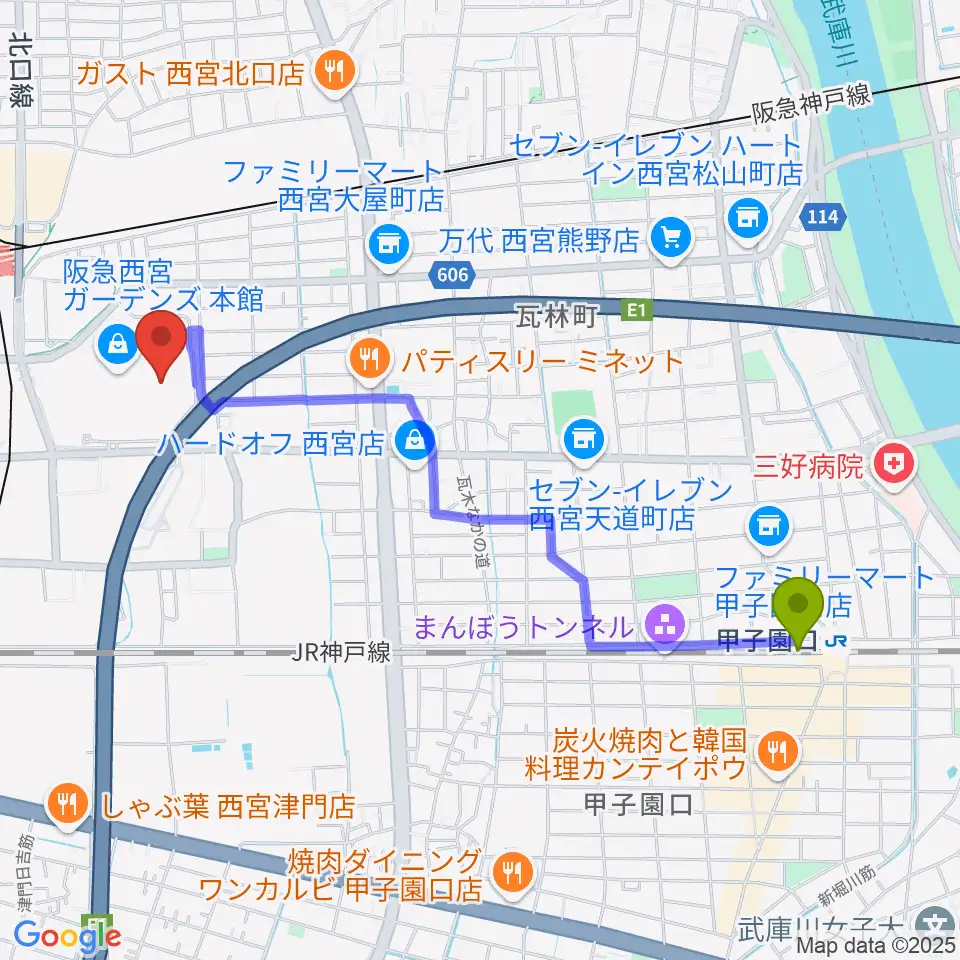 甲子園口駅からHMV阪急西宮ガーデンズへのルートマップ地図