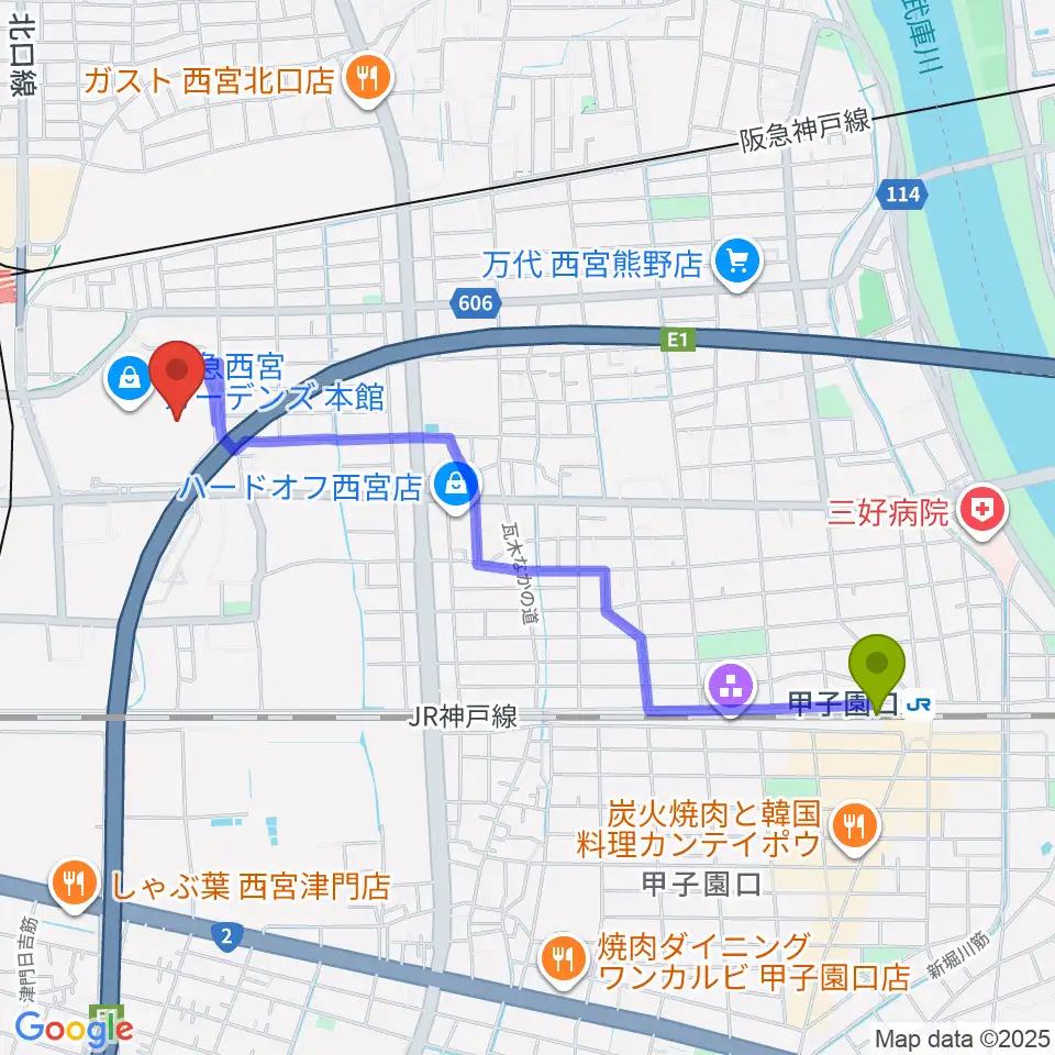 甲子園口駅からHMV阪急西宮ガーデンズへのルートマップ地図