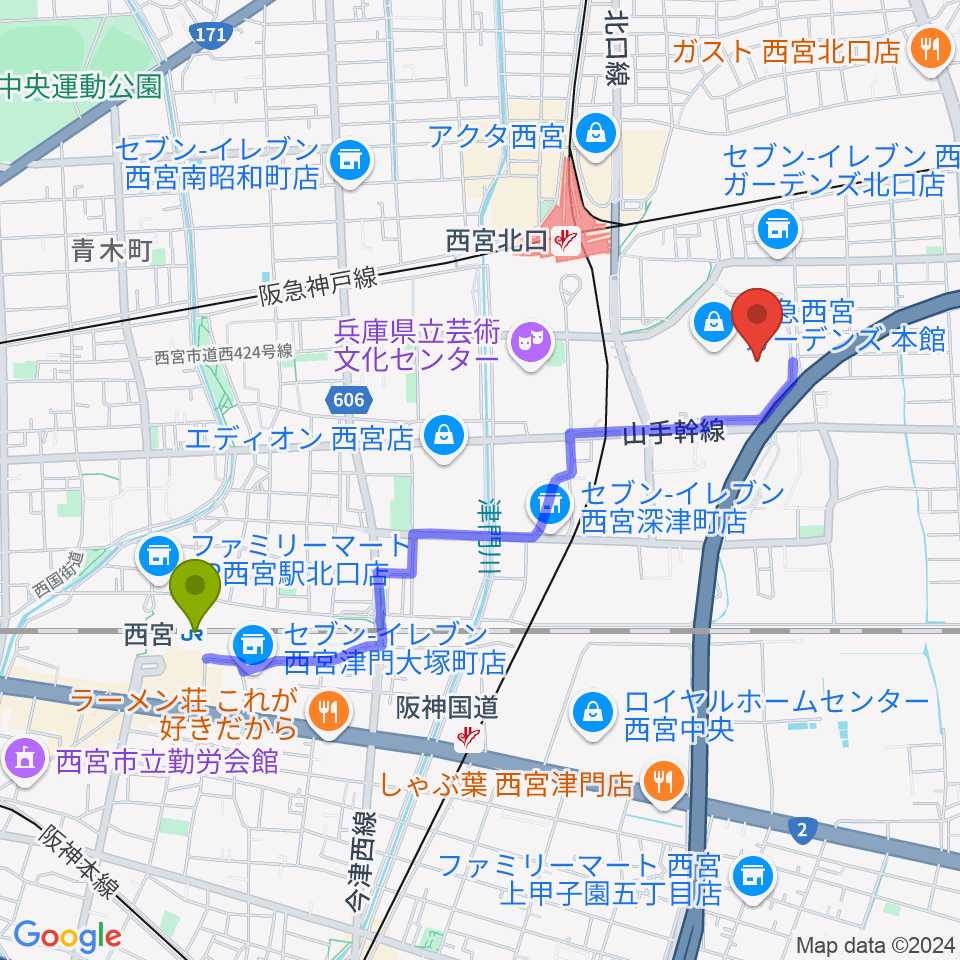 西宮駅からHMV阪急西宮ガーデンズへのルートマップ地図