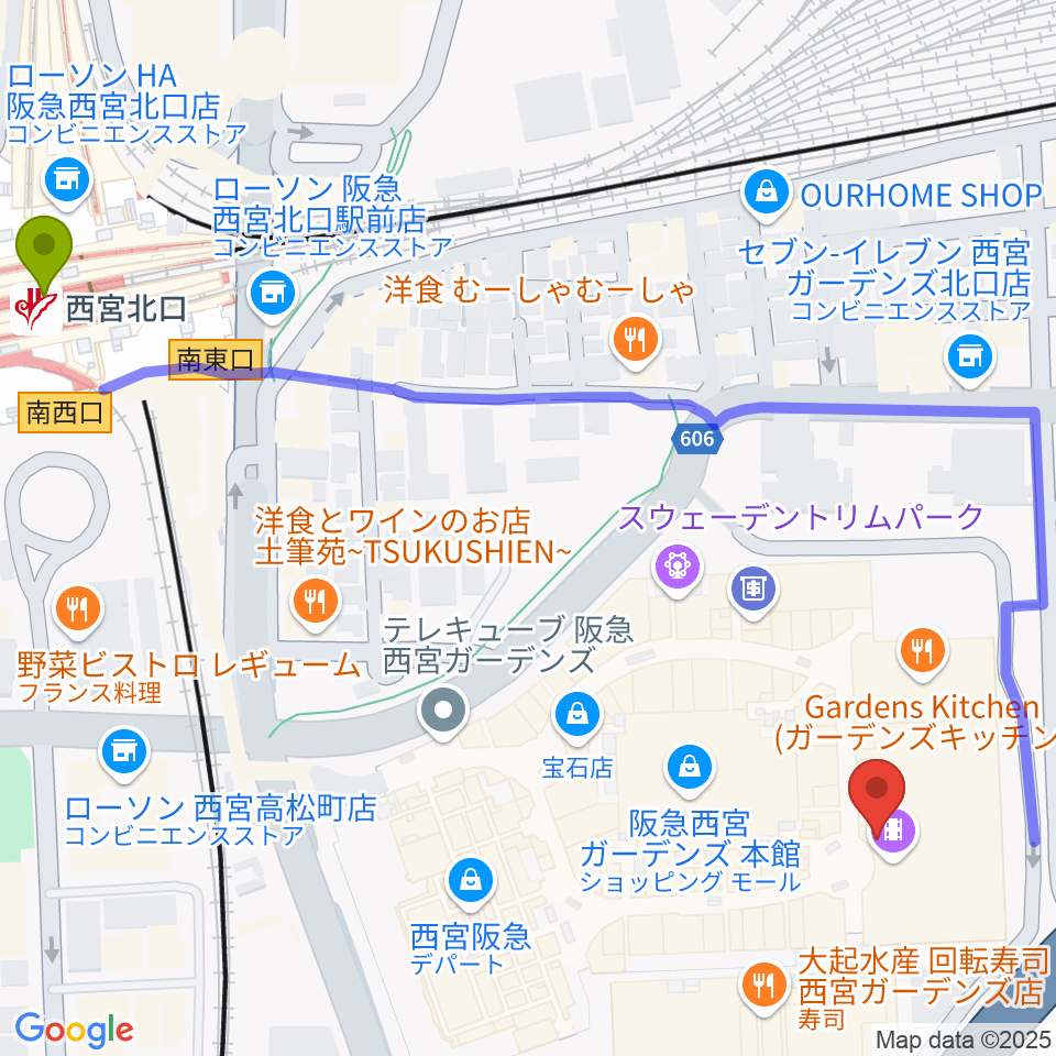 HMV阪急西宮ガーデンズの最寄駅西宮北口駅からの徒歩ルート（約7分）地図