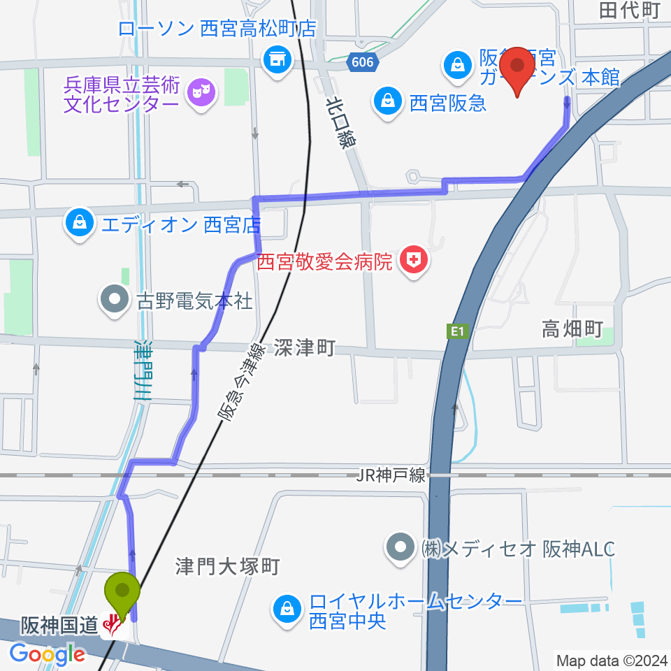 阪神国道駅からHMV阪急西宮ガーデンズへのルートマップ地図