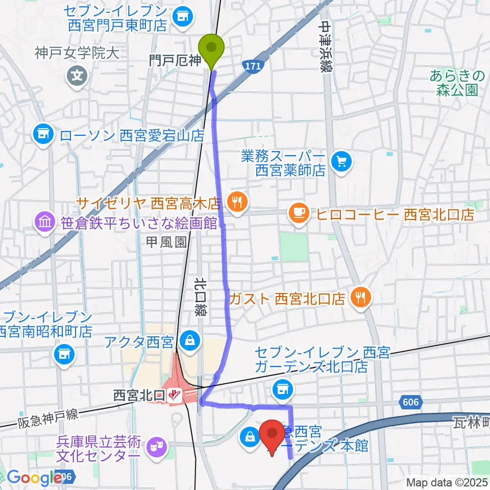 門戸厄神駅からHMV阪急西宮ガーデンズへのルートマップ地図