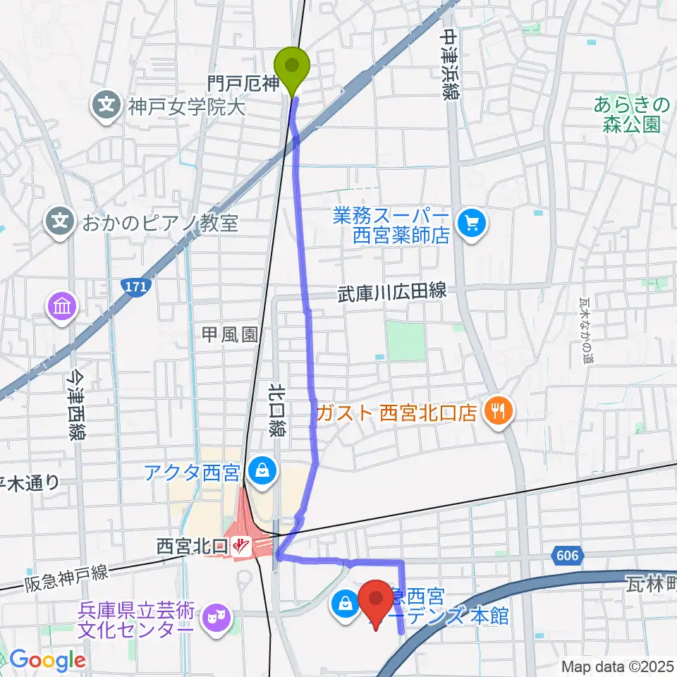 門戸厄神駅からHMV阪急西宮ガーデンズへのルートマップ地図