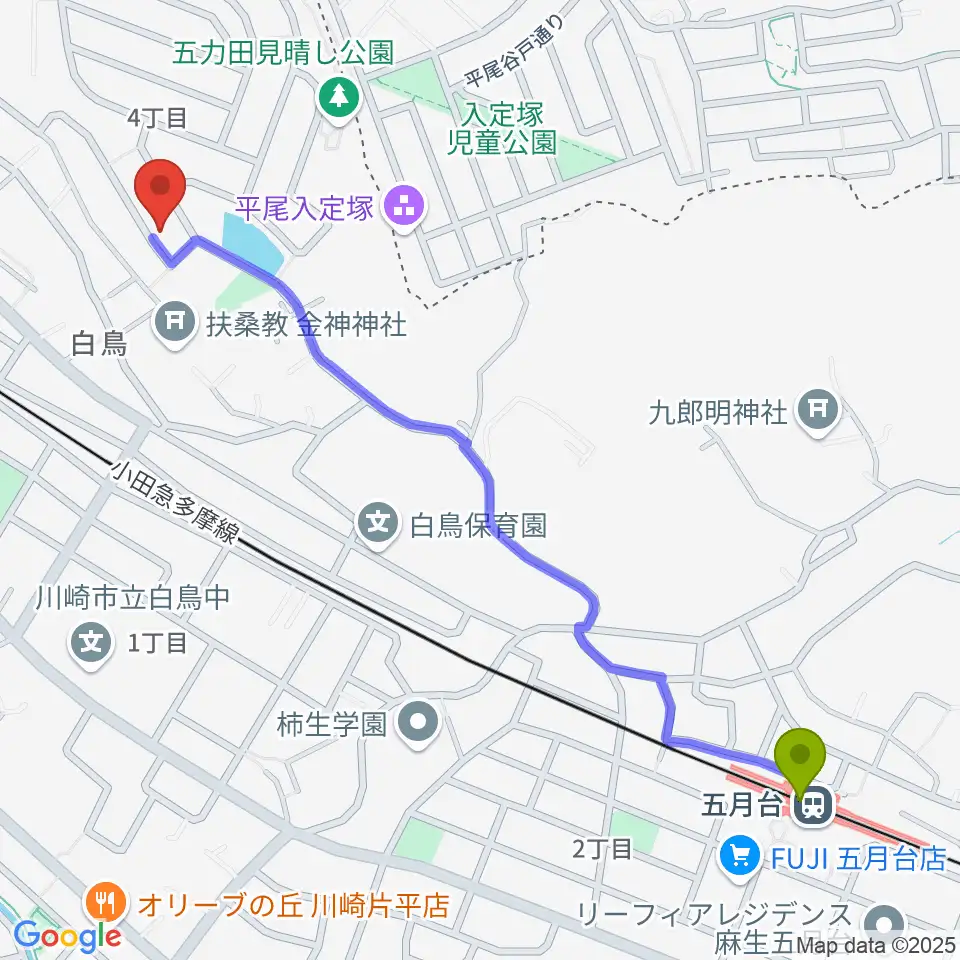 五月台駅から菊池ヴァイオリン・ピアノ教室へのルートマップ地図