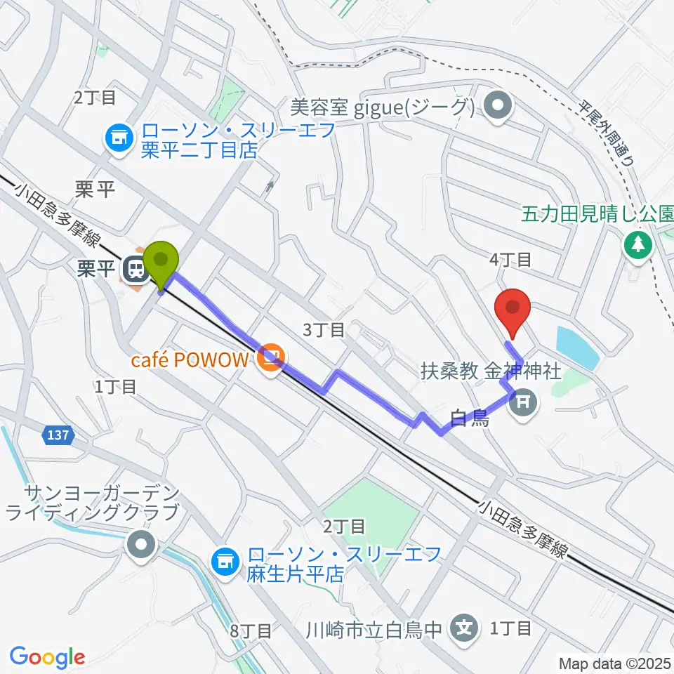 菊池ヴァイオリン・ピアノ教室の最寄駅栗平駅からの徒歩ルート（約8分）地図
