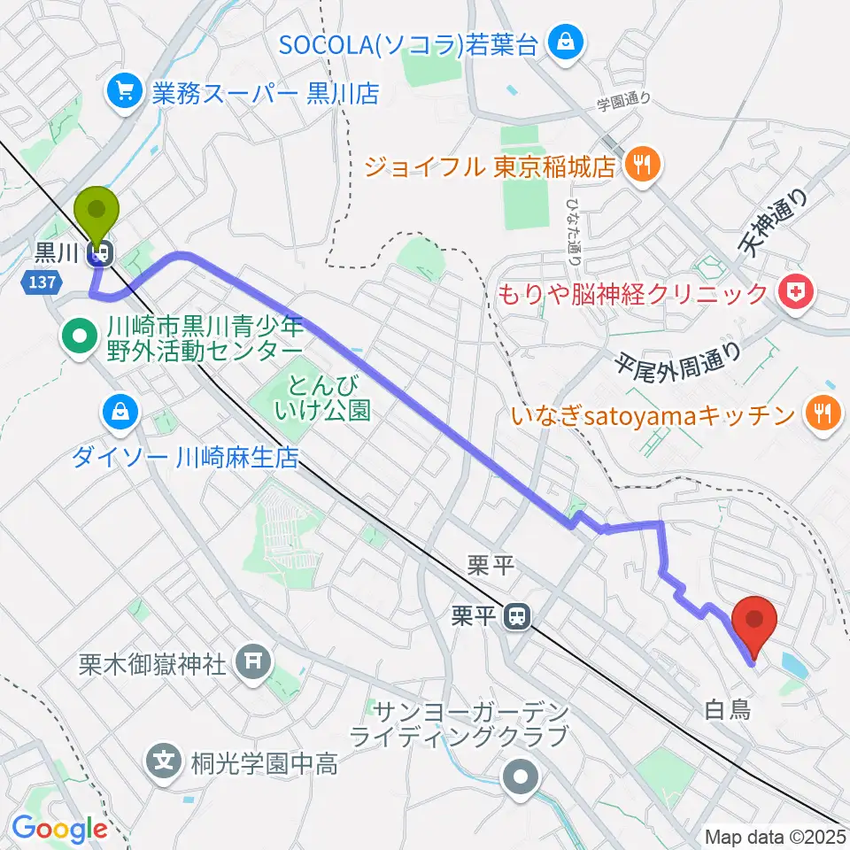 黒川駅から菊池ヴァイオリン・ピアノ教室へのルートマップ地図