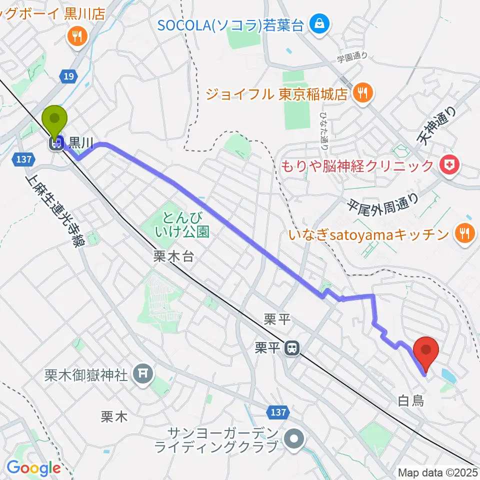 黒川駅から菊池ヴァイオリン・ピアノ教室へのルートマップ地図