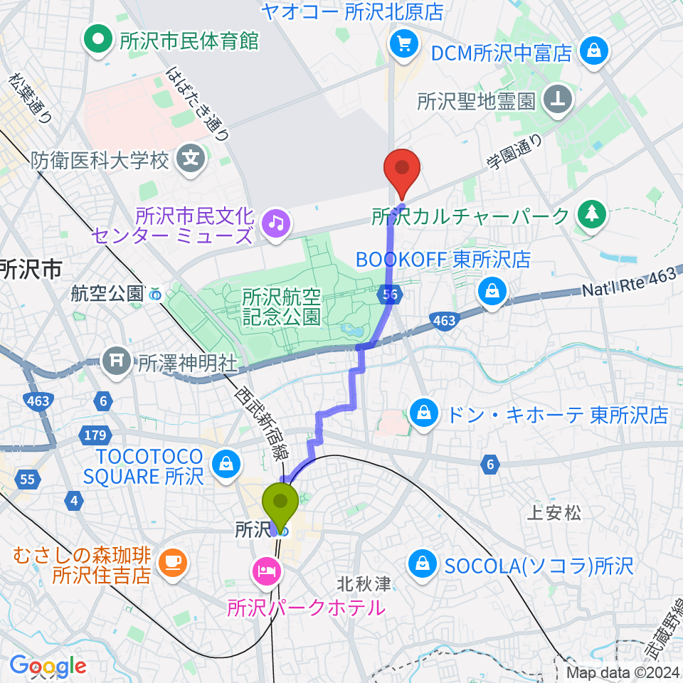 所沢駅からピアノ教室Carolへのルートマップ地図