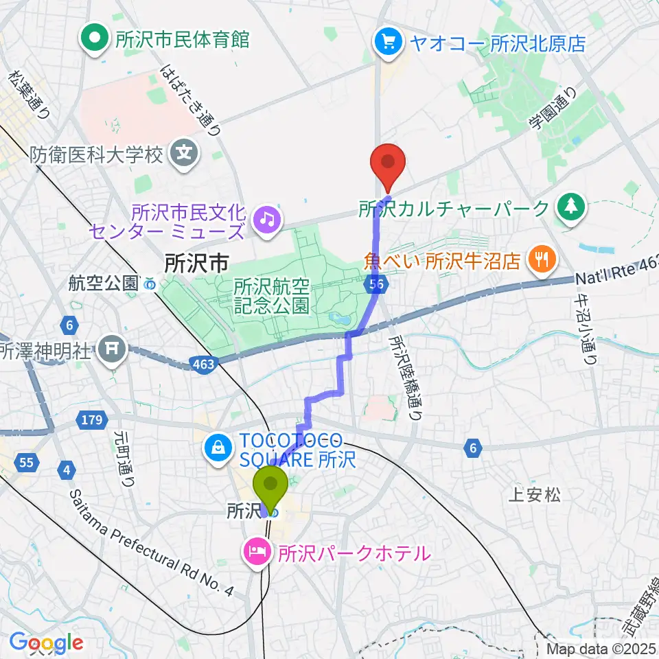 所沢駅からピアノ教室Carolへのルートマップ地図