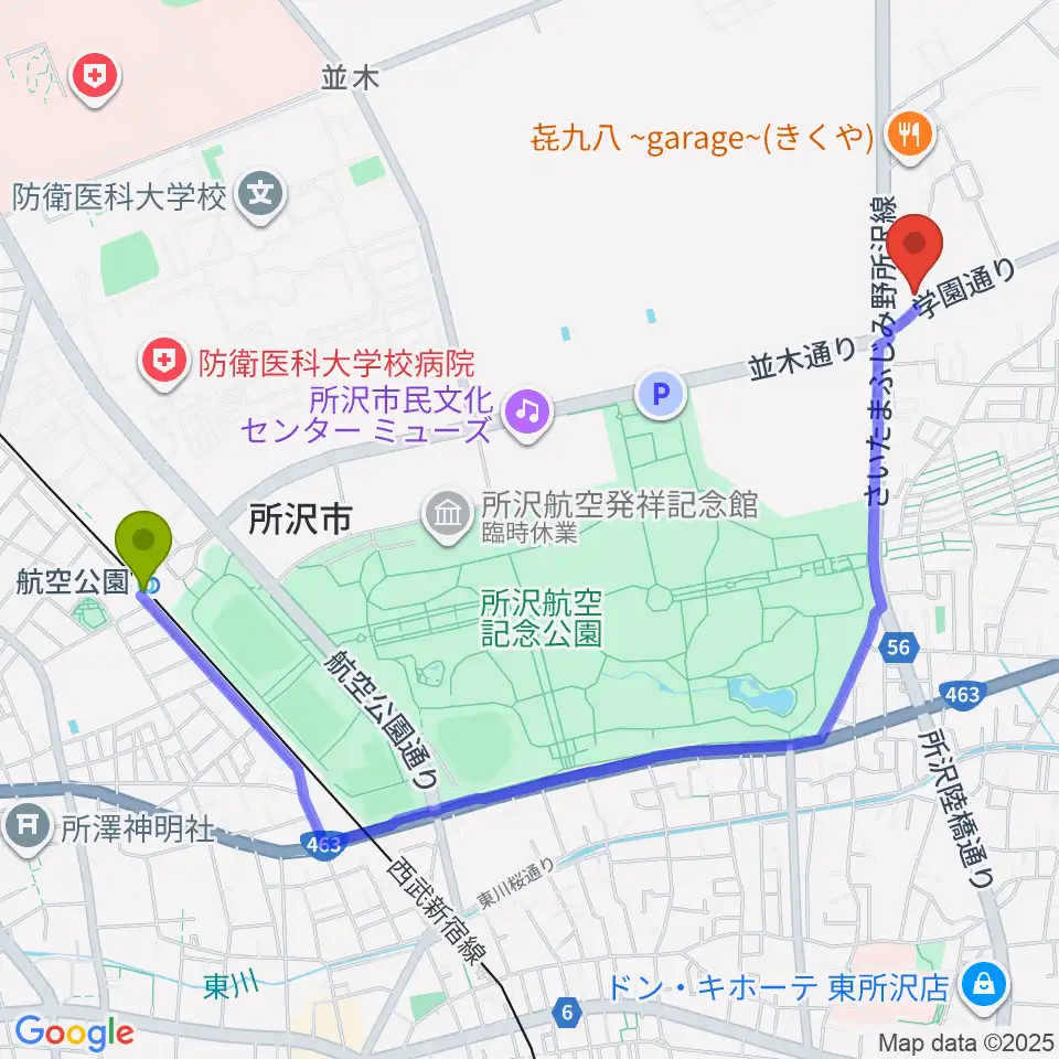 ピアノ教室Carolの最寄駅航空公園駅からの徒歩ルート（約24分）地図