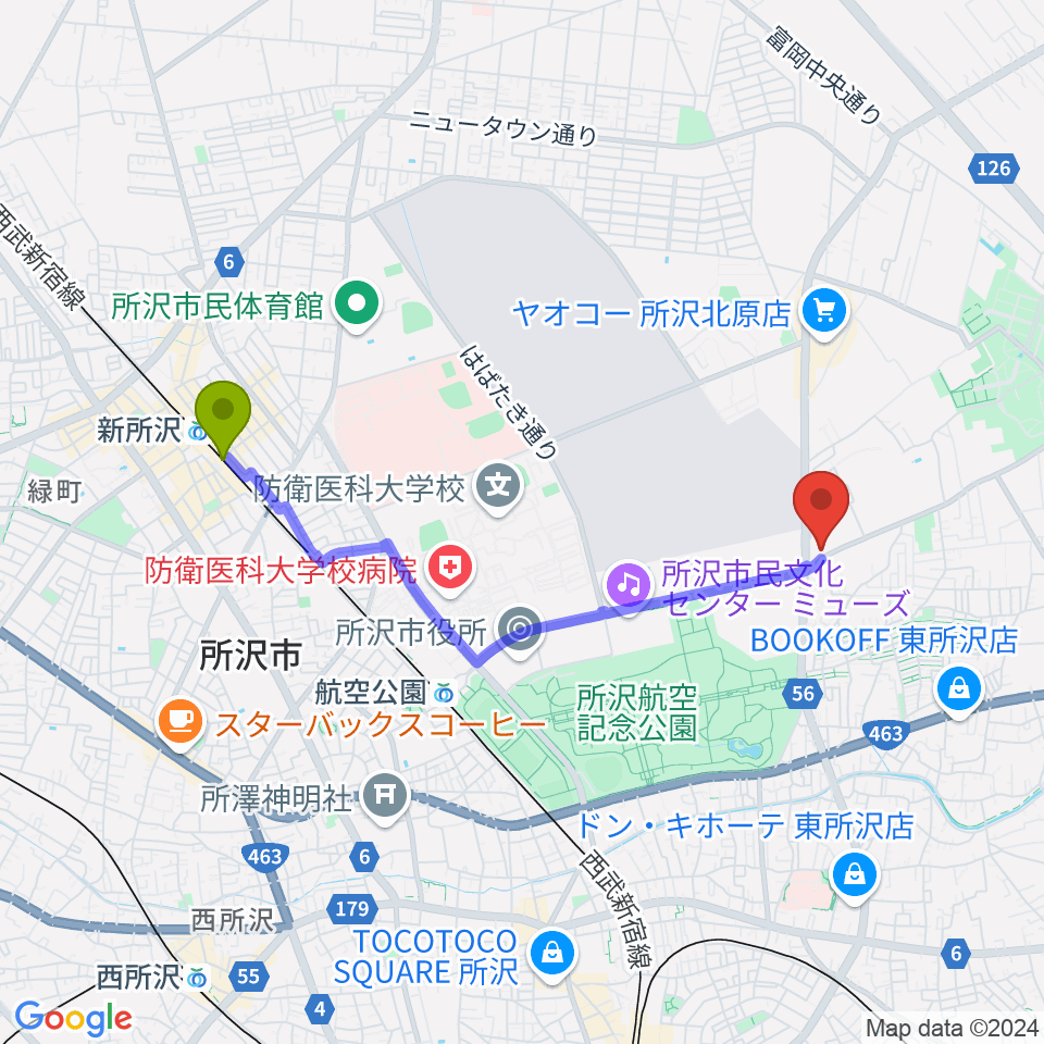 新所沢駅からピアノ教室Carolへのルートマップ地図