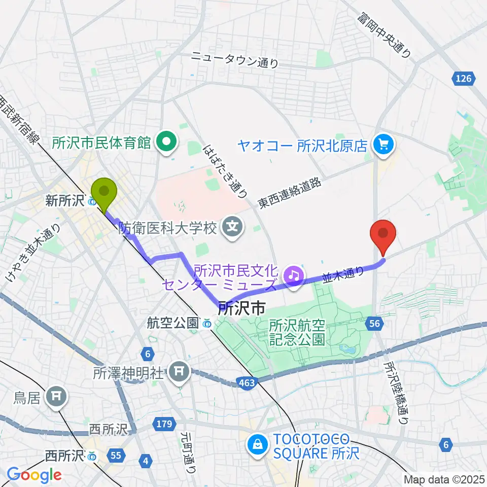 新所沢駅からピアノ教室Carolへのルートマップ地図