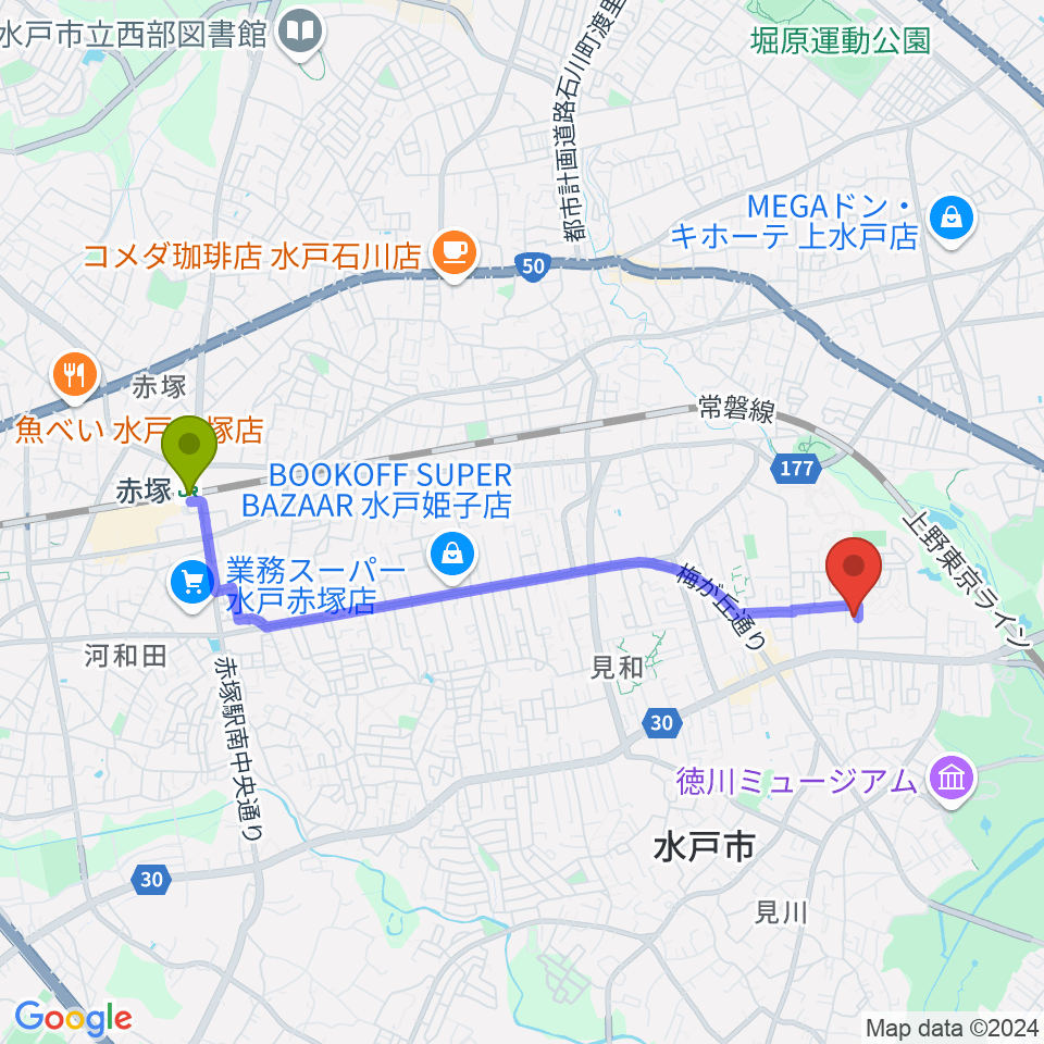 赤塚駅からマルカート音楽教室へのルートマップ地図