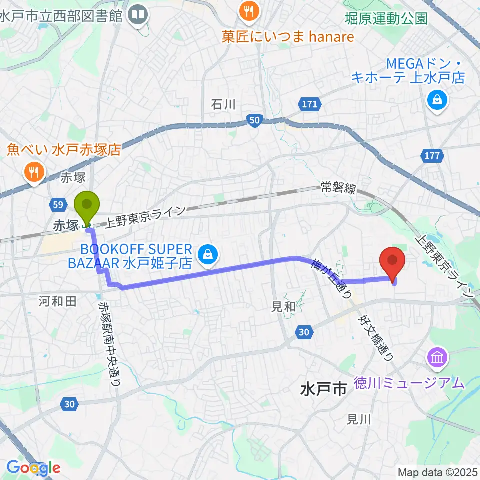 赤塚駅からマルカート音楽教室へのルートマップ地図