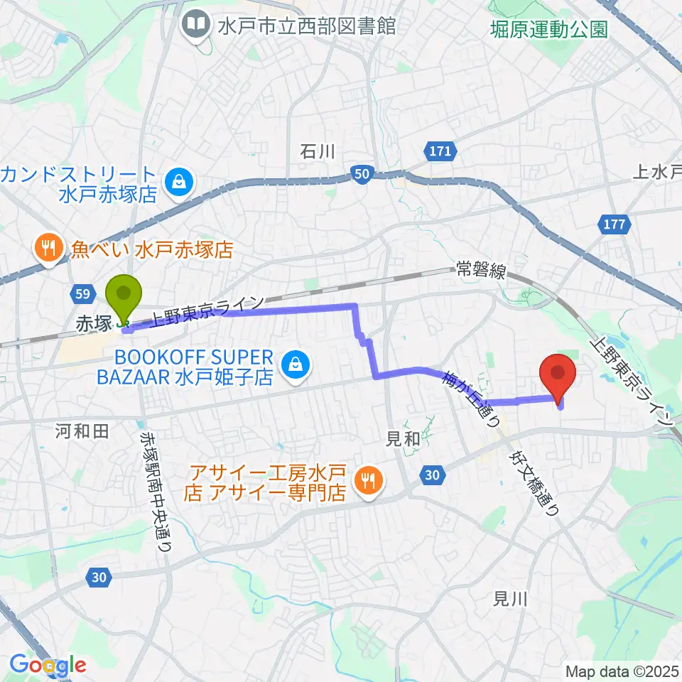 赤塚駅からマルカート音楽教室へのルートマップ地図