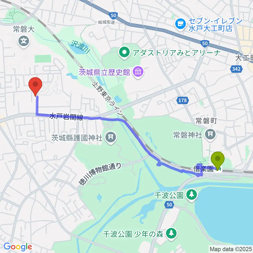 マルカート音楽教室の最寄駅偕楽園駅からの徒歩ルート（約24分）地図