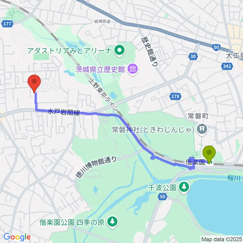 マルカート音楽教室の最寄駅偕楽園駅からの徒歩ルート（約24分）地図