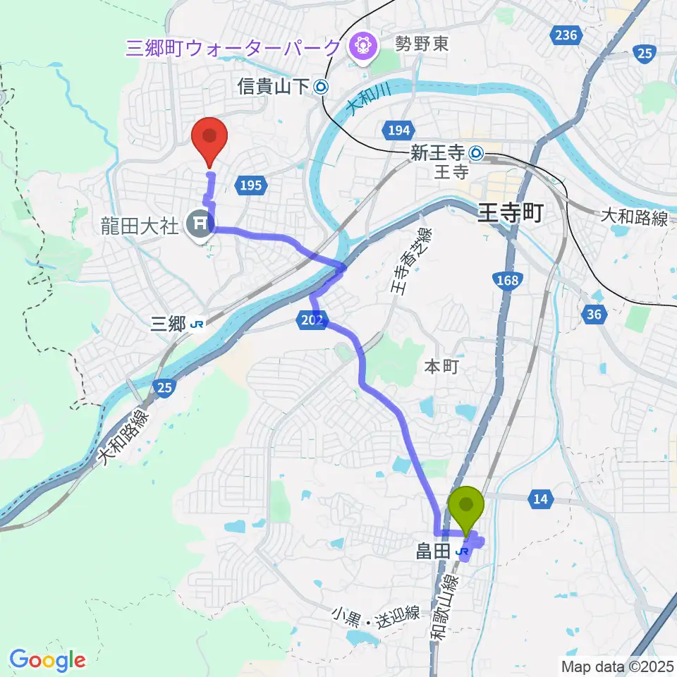 畠田駅からたちばな音楽教室へのルートマップ地図