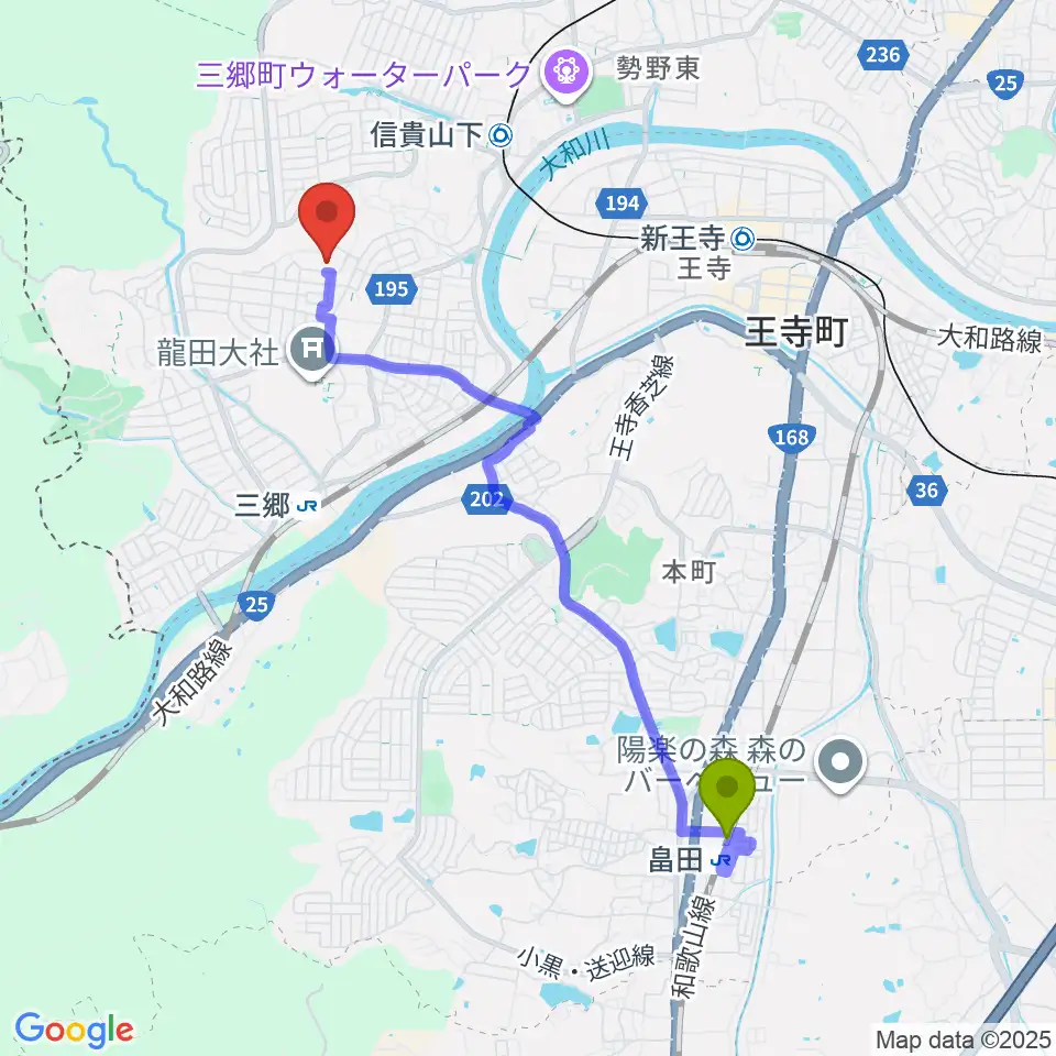 畠田駅からたちばな音楽教室へのルートマップ地図
