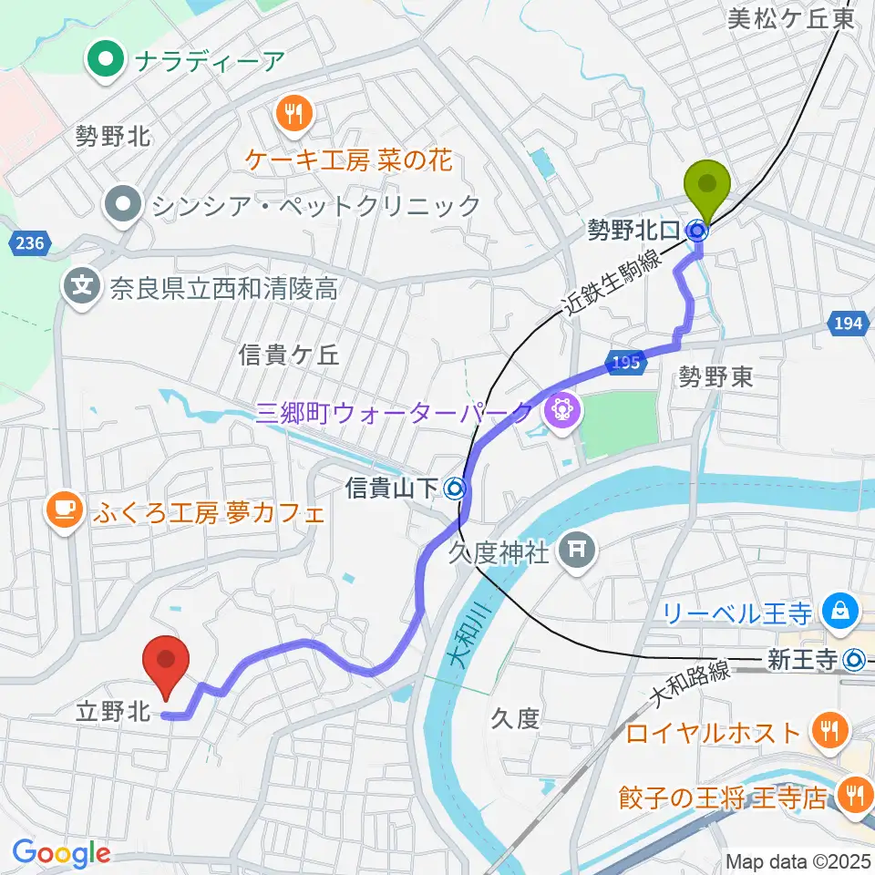 勢野北口駅からたちばな音楽教室へのルートマップ地図