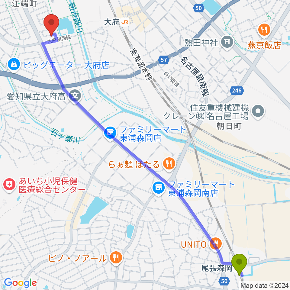 尾張森岡駅から音楽教室ルチェンテへのルートマップ地図