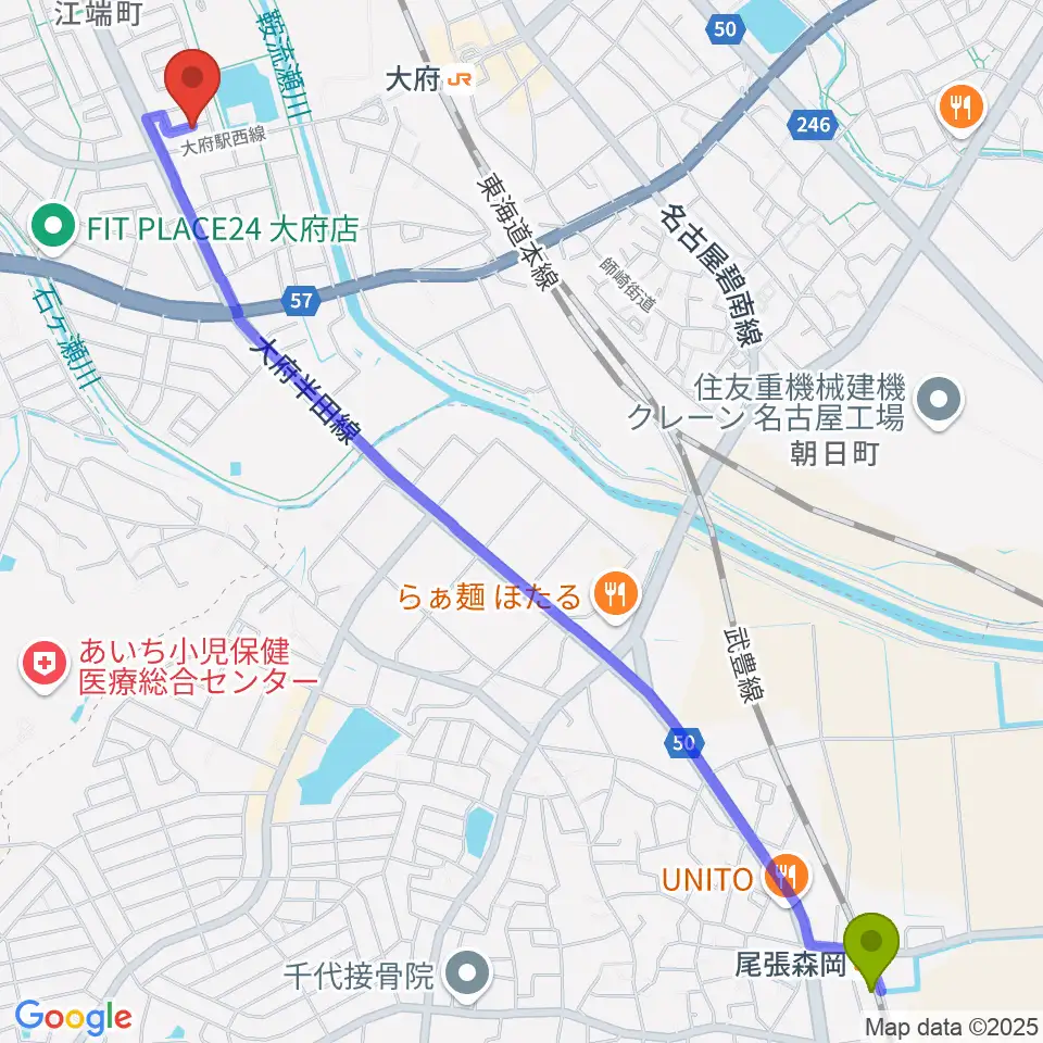 尾張森岡駅から音楽教室ルチェンテへのルートマップ地図