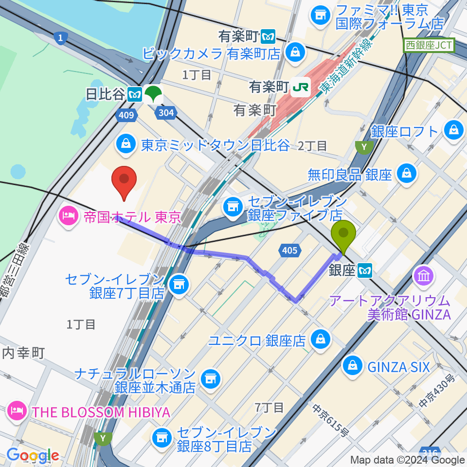 銀座駅から東京宝塚劇場へのルートマップ地図