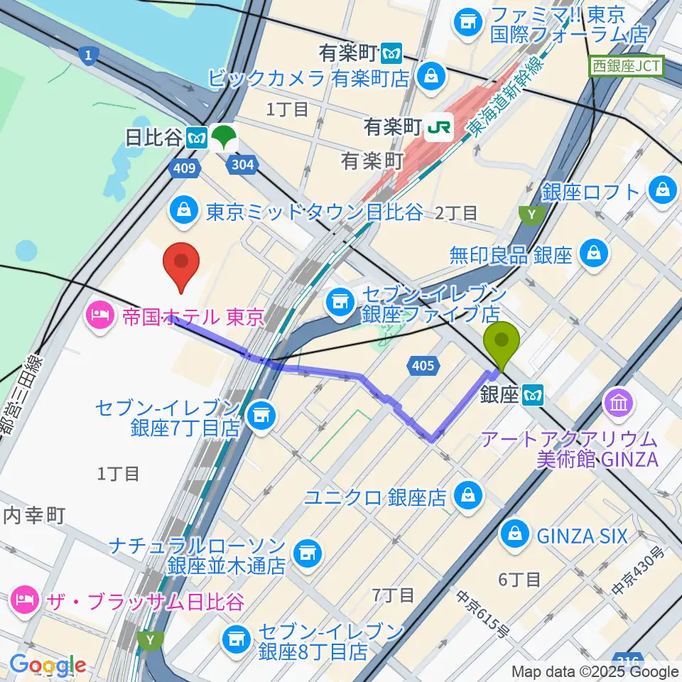 銀座駅から東京宝塚劇場へのルートマップ地図