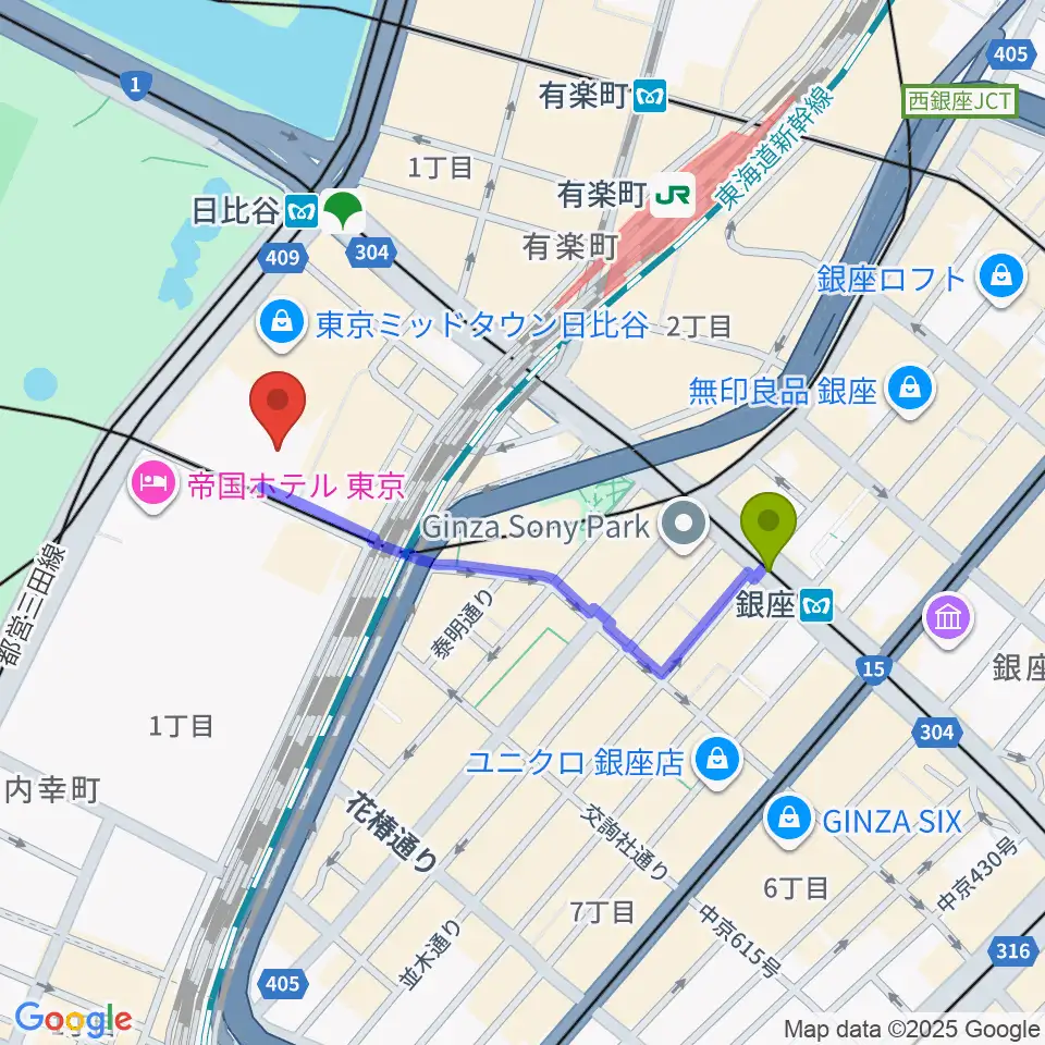 銀座駅から東京宝塚劇場へのルートマップ地図