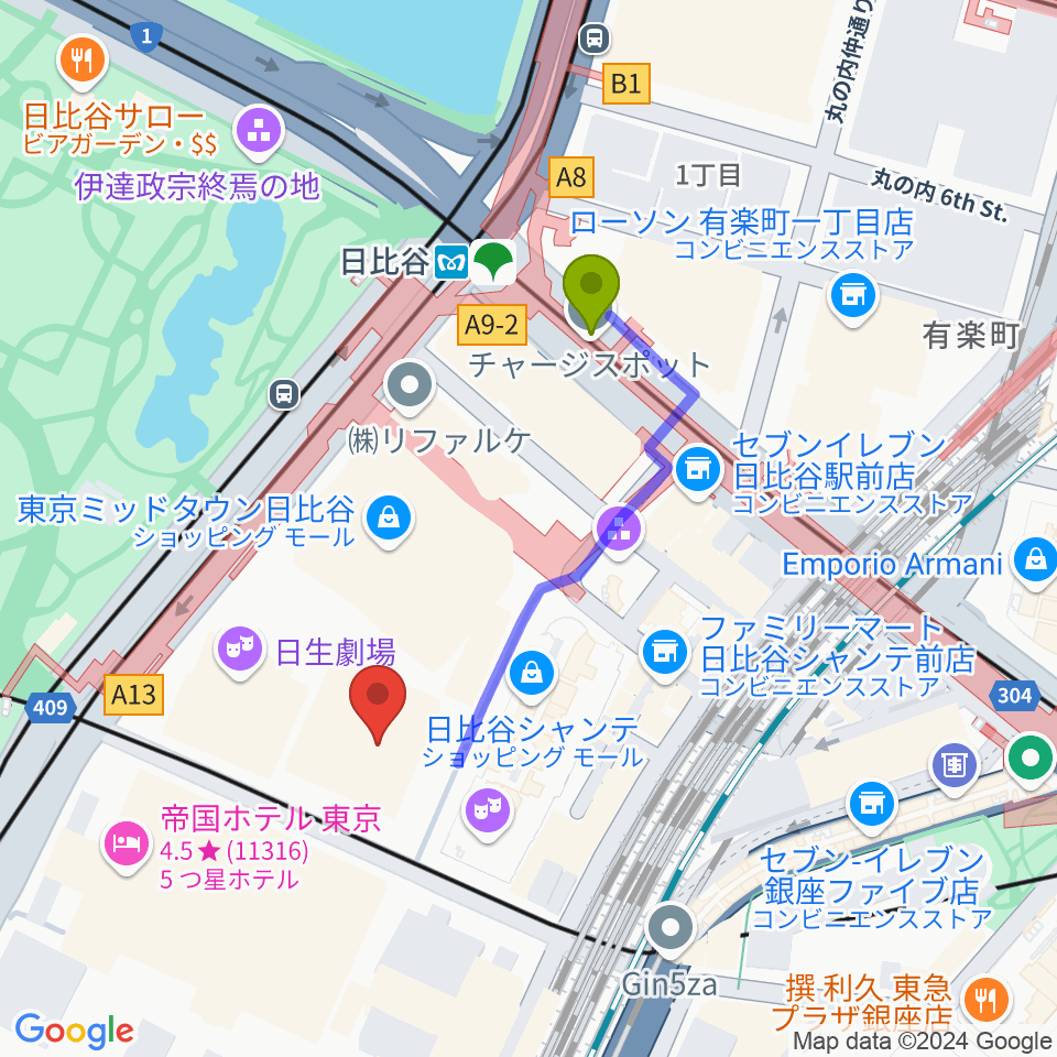 東京宝塚劇場の最寄駅日比谷駅からの徒歩ルート（約3分）地図