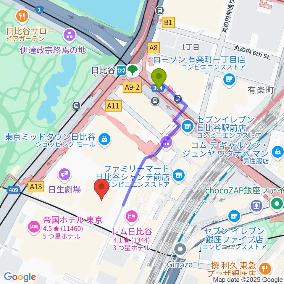 東京宝塚劇場の最寄駅日比谷駅からの徒歩ルート（約3分）地図