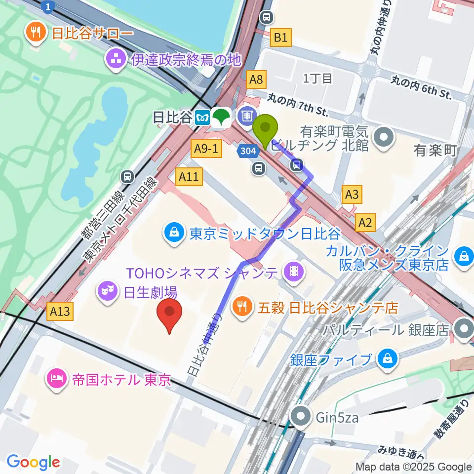 東京宝塚劇場の最寄駅日比谷駅からの徒歩ルート（約3分）地図