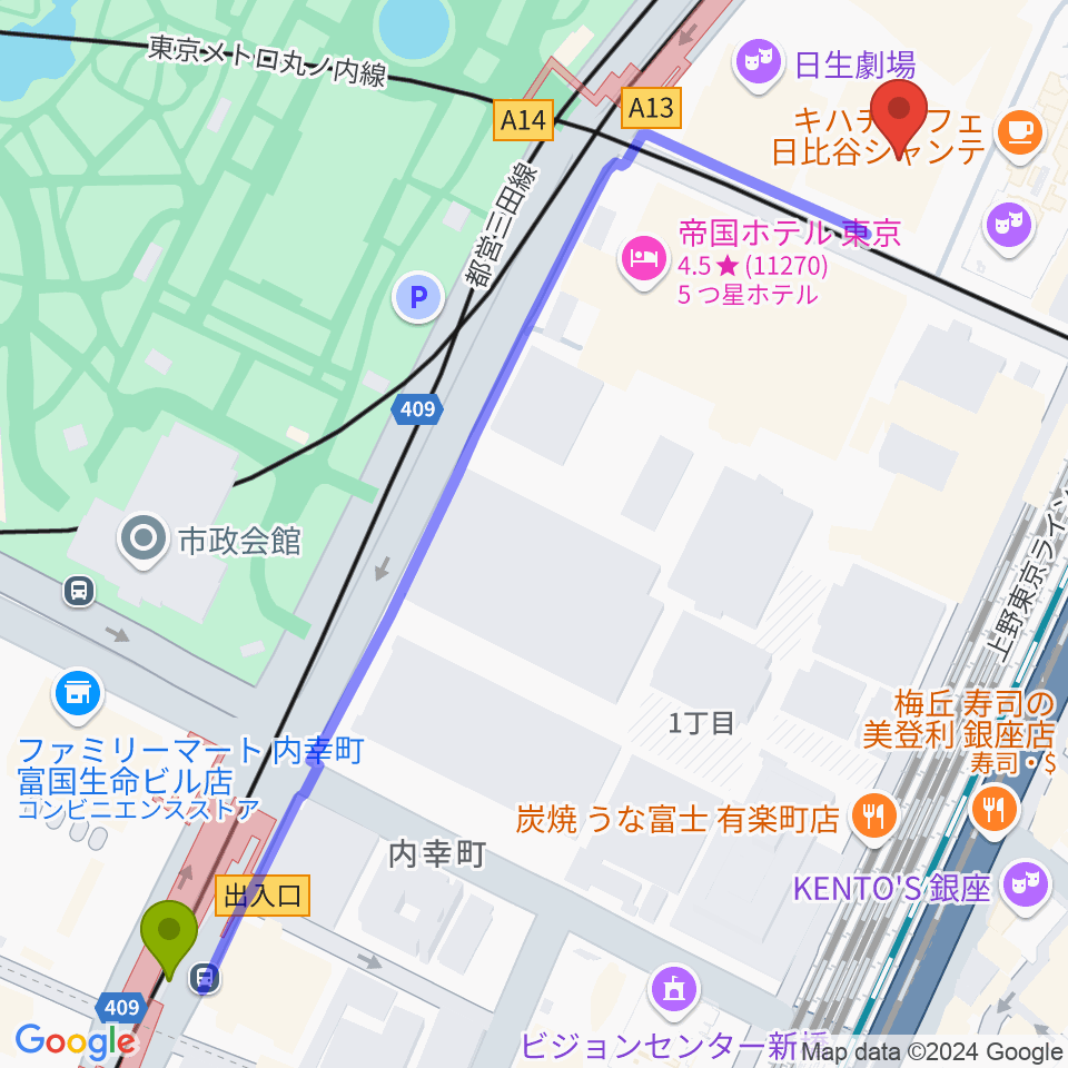 内幸町駅から東京宝塚劇場へのルートマップ地図