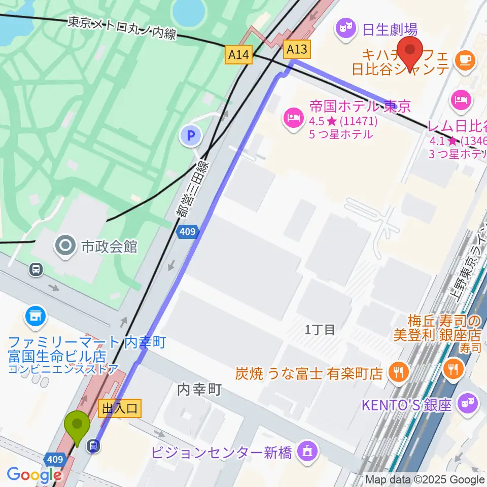 内幸町駅から東京宝塚劇場へのルートマップ地図