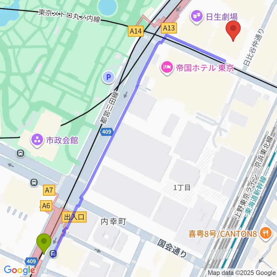 内幸町駅から東京宝塚劇場へのルートマップ地図