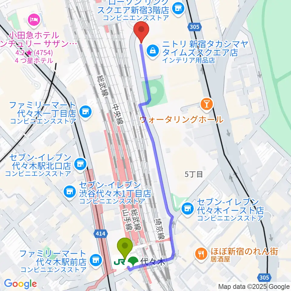 紀伊國屋サザンシアターTAKASHIMAYAの最寄駅代々木駅からの徒歩ルート（約6分）地図