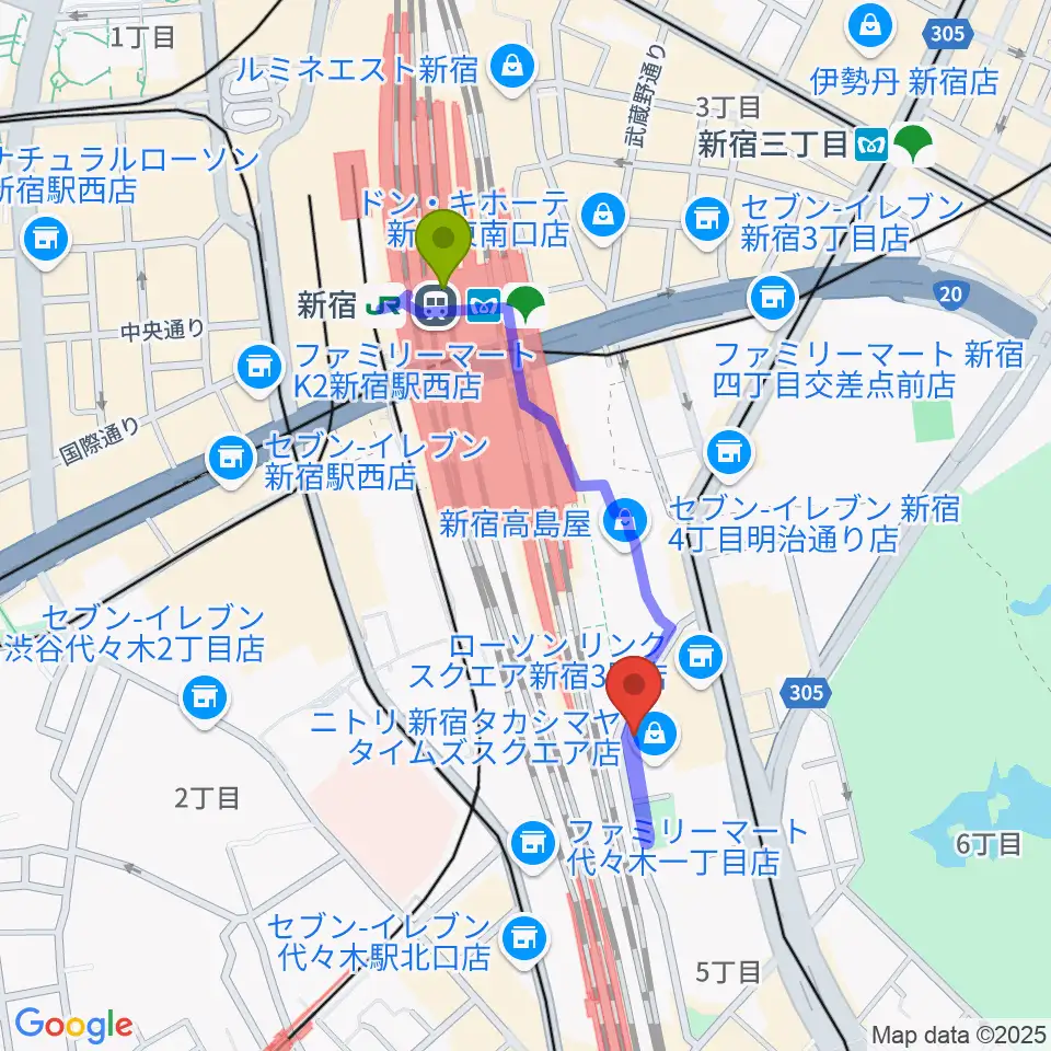 新宿駅から紀伊國屋サザンシアターTAKASHIMAYAへのルートマップ地図