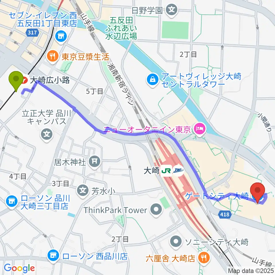 大崎広小路駅からゲートシティホール＆ルームへのルートマップ地図