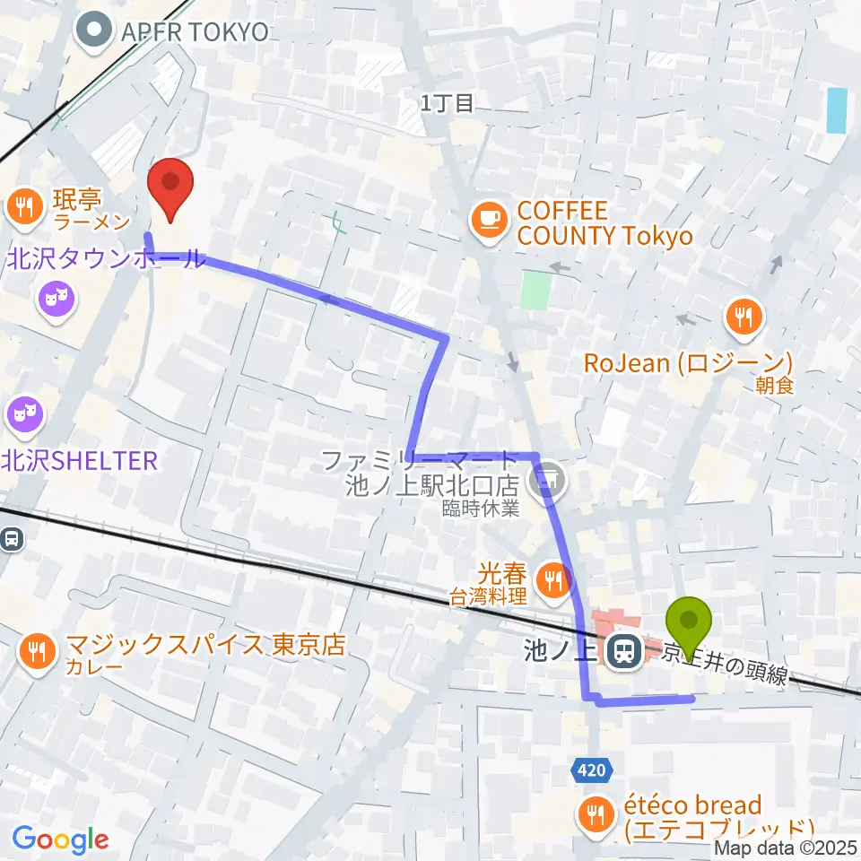 池ノ上駅からザ・スズナリへのルートマップ地図