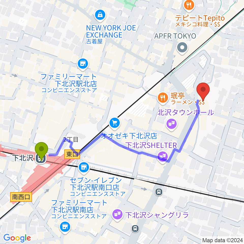 ザ・スズナリの最寄駅下北沢駅からの徒歩ルート（約5分）地図