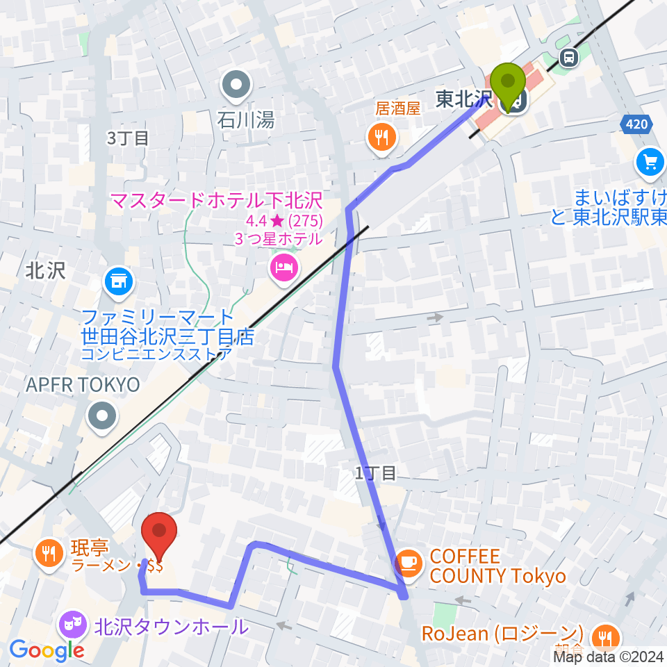 東北沢駅からザ・スズナリへのルートマップ地図