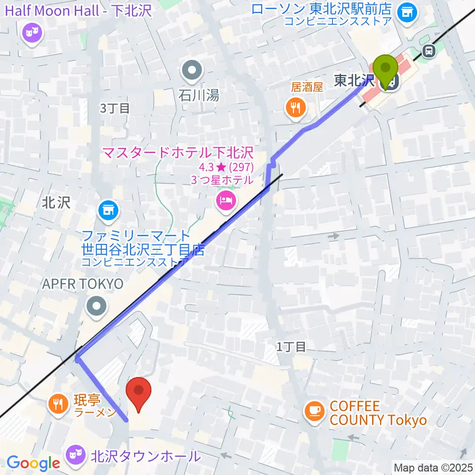 東北沢駅からザ・スズナリへのルートマップ地図