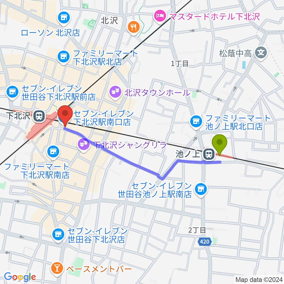 池ノ上駅から駅前劇場へのルートマップ地図