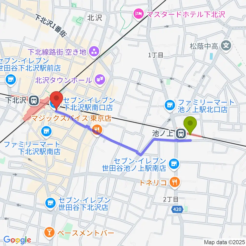 池ノ上駅から駅前劇場へのルートマップ地図