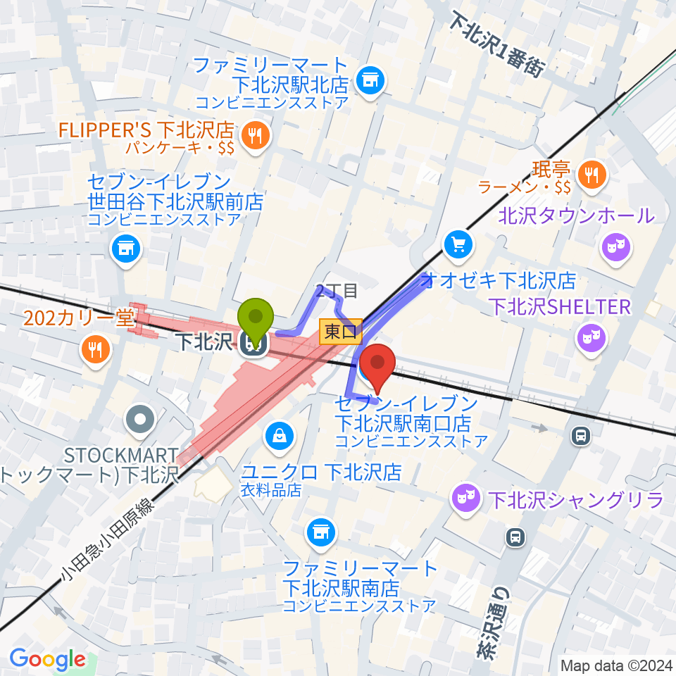 駅前劇場の最寄駅下北沢駅からの徒歩ルート（約1分）地図