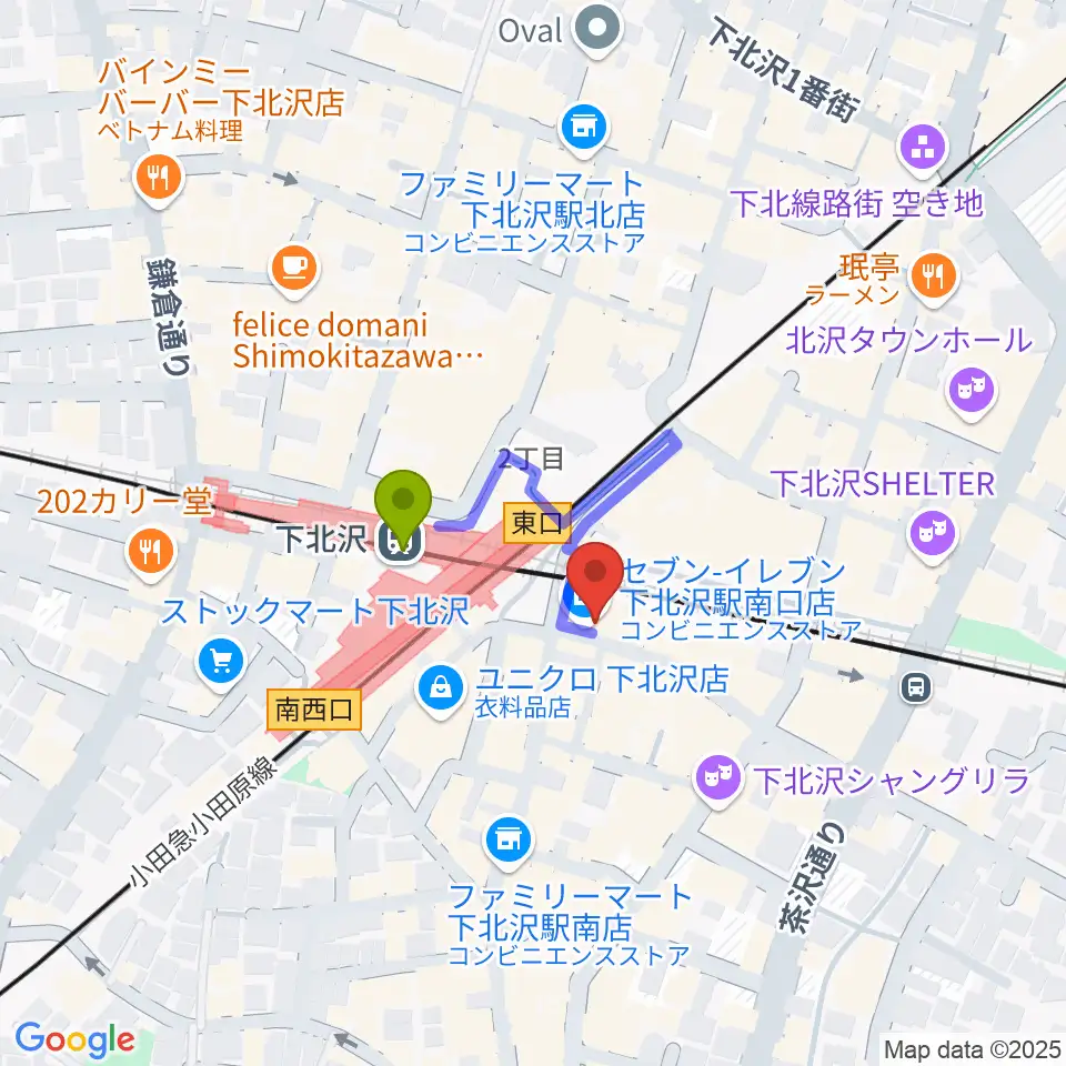 駅前劇場の最寄駅下北沢駅からの徒歩ルート（約1分）地図